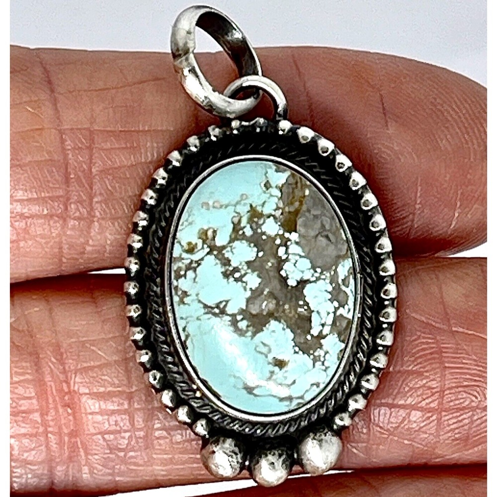 Navajo Turquoise Pendant 1.5 in Signed A Skeets Oval Sterling Antiqued Native